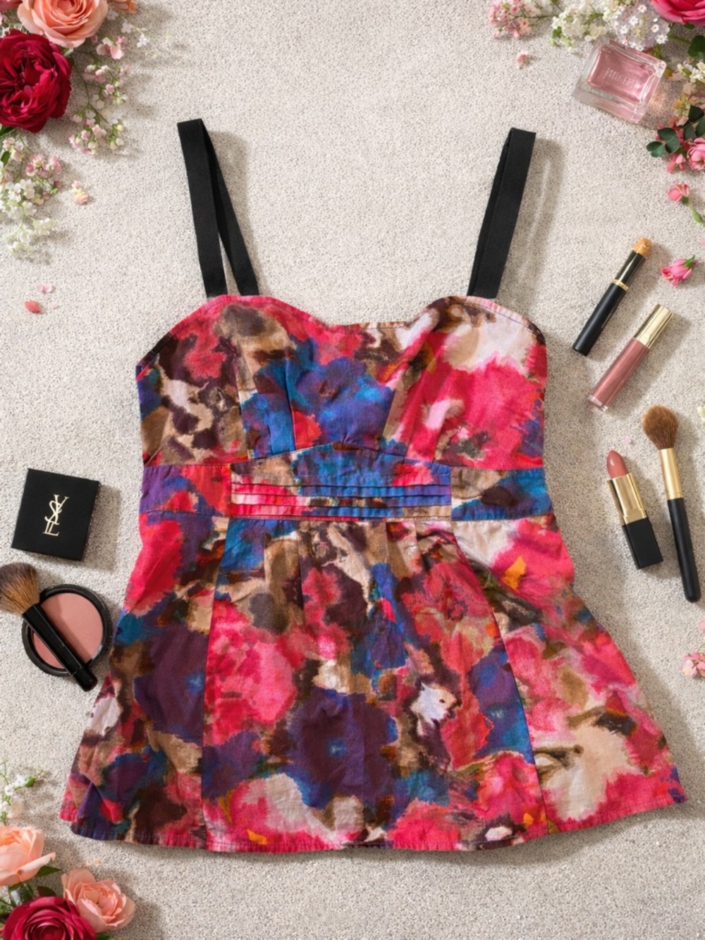 Multicolor Floral Bustier Top with Black Straps size medium